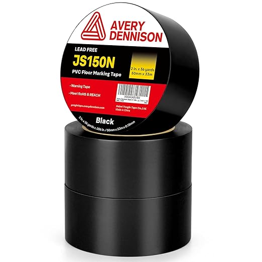 Avery Dennison Floor Marking Tape, 2 Inch x 108 Ft Black Caution Tape, 3 Rolls Heavy Duty Safety Warning Tape, High Adhesion for Indoor/Outdoor | Warehouse, Factory, Parking, Industrial