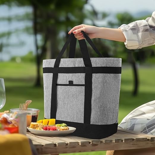 Insulated Reusable Tote Bag for Grocery Shopping for Women/Men, Waterproof Cooler Bags for Travel/Beach/Picnic, Pizza/Food Delivery Bag to Keep Food Cold/Hot (Cationic Cloth, Grey，2-Pack)