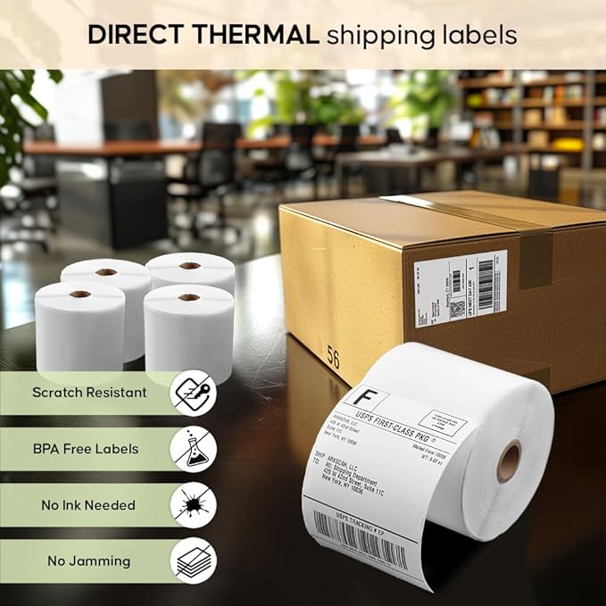 4 Rolls of SL450 4x6 Shipping Label (450 Pages per roll) Support Arkscan Label Printers, Compatible w/Zebra LP2844, Zp-450, Zp-500, Zp-505 and Other Brands, It's Designed for Direct Thermal, White.