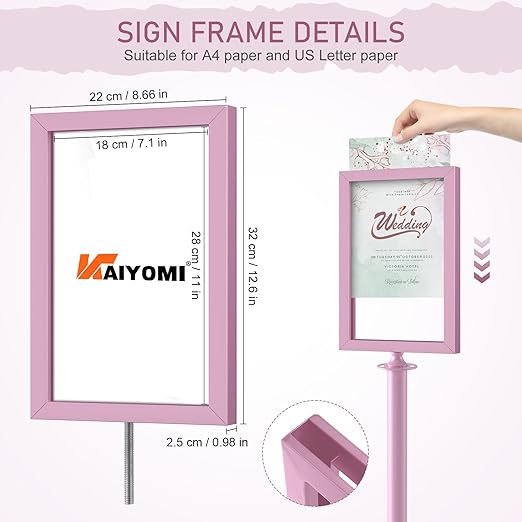 kaiyomi 6Pcs Stanchions Posts Velvet Ropes with Pink Carpet and Sign Frame, Water or Sand-Fillable Base, Suitable for 8.5" x 11" A4 Paper Size Sign Frame for Pink Carpet Party Decoration (Pink)