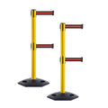 CCW Series WBB-200D - Set of 2 Retractable Dual Belt Stanchion Safety Barrier, Heavy-Duty Rubber Base Yellow Post (7.5 Foot Belt, Black with Horizontal Red Stripe Belt)