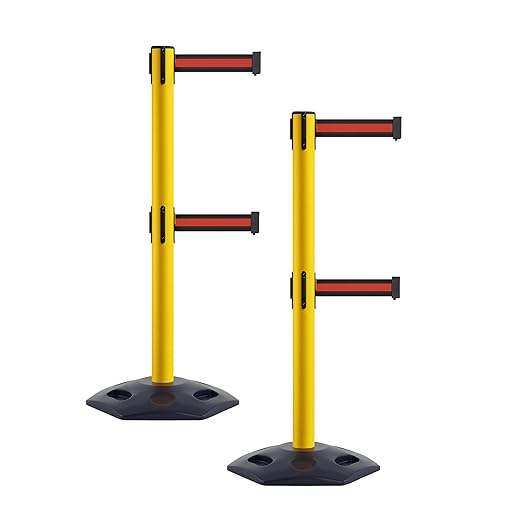 CCW Series WBB-200D - Set of 2 Retractable Dual Belt Stanchion Safety Barrier, Heavy-Duty Rubber Base Yellow Post (7.5 Foot Belt, Black with Horizontal Red Stripe Belt)