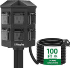 Outdoor Power Strip Weatherproof, 100 FT Extension Cord with Power Stake, 6 Grounded Outlets for Outdoor Lights, 15A/1875W, ETL Listed