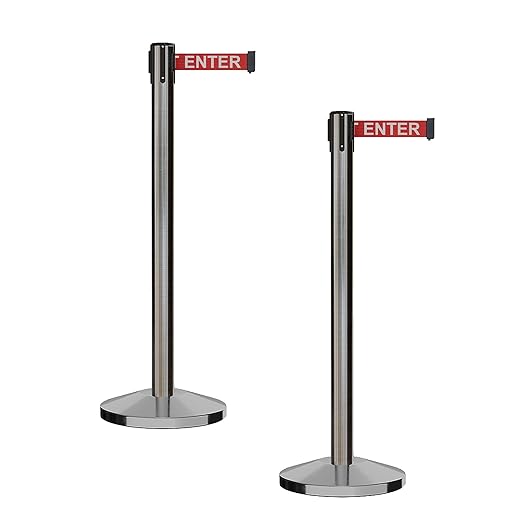 CCW Series RBB-100 - Set of 2 Stanchion Retractable Belt Barriers (7.5 Foot Belt, Red with"Caution - DO NOT Enter" White Letters Belt with Satin Stainless Steel Post)