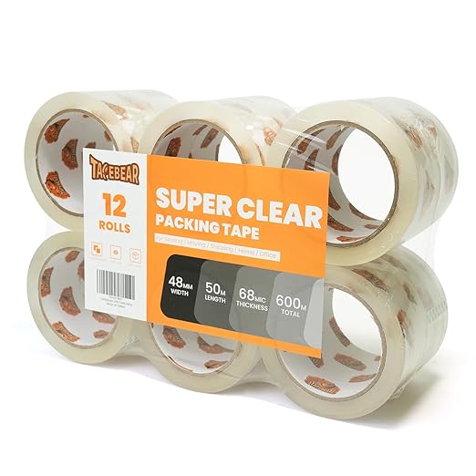TAPEBEAR Storage Packaging Tape 12 Rolls, Super Clear 2.7mil x 1.88" x 55 Yards Packing Tape Heavy Duty Tape Refills, Transparent, Long Lasting for Storage and Packing, 660 Total Yards