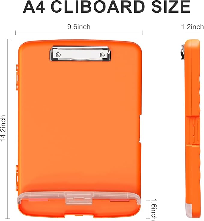 Plastic Clipboard with Storage, 8.5 x 11 Storage Organization Box Side-Opening, Heavy Duty Clip Board with Pen Holder and Paper Folder for Nurses, Teachers, Office & School Supply, Orange