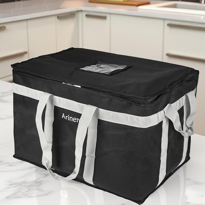 Food Delivery Insulated Bag, Insulated Cold Meal Bag, Built-in Base Plate, For Hot and Cold Food Takeout, Commercial Catering Transportation - 23 * 14 * 15 inches (Partitioned, Black)