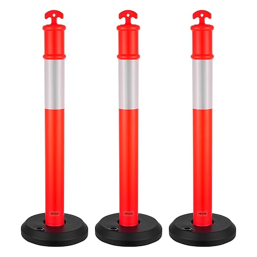 VEVOR 3 Pack Traffic Delineator Posts, 48 inches Traffic Safety Cones with Fillable Base and Reflective Strips, Heavy Duty Delineator Posts for Construction Site, Parking Lot, Crowd Control, Red