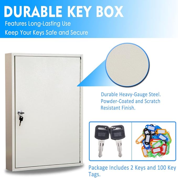 UMEKEN Key Box Wall Mount 100 Position Metal Valet Car Key Cabinet Lock Box with Key Tags, Vehicle Key Holder Lockbox Key Organizer Safe Storage Locker Box, Cream