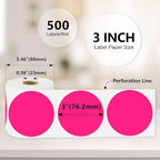 3 X 3 Inch Color Coding Dot Labels Circle Thermal Printable Waterproof 500 Pcs Round Stickers Adhesive Writable for Office, Home, Garage, DIY Sticker, Barcodes, Name Tag, Fluorescent Pink