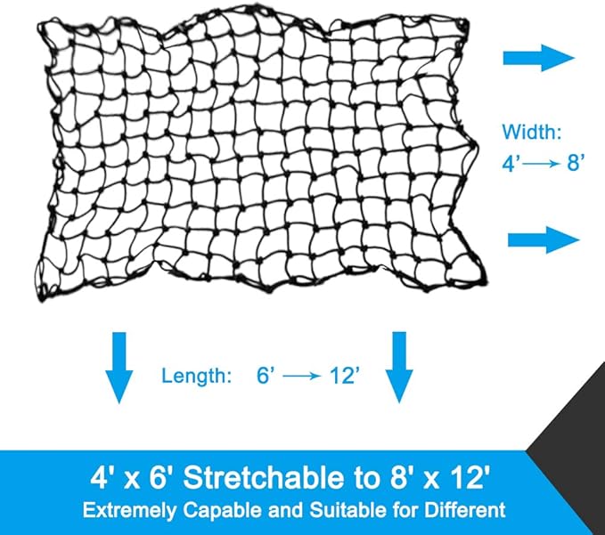 Bungee Cargo Net 4' x 6' Stretchable to 8' x 12' for Pickup Truck Bed Trailer Luggage Net Heavy Duty Tie-Down Mesh with 12 Pcs Hooks and Metal Carabiner Clips