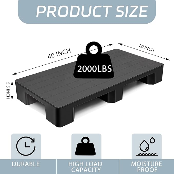 2 Pcs Plastic Pallet for Basement Storage Easy Stack Lightweight Floor Pallet Display Flooring Room Supermarket Christmas, Support up to 2000 Lbs (40'' L X 20'' W X 5.5'' H,Black)