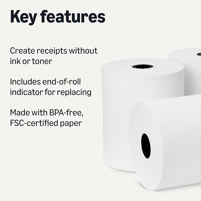 Amazon Basics Thermal Paper Receipt Rolls, POS Receipt, 3 1/8" x 230', 50 Rolls, BPA-Free and FSC Certified, Recycled Materials, White
