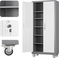 Metal Garage Storage Cabinet with Wheels, 71" H×32" W×16" D Metal Storage Cabinet with 5 Adjustable Shelves,Pegboard and Lockable Doors for Garage Home Office Utility Room,Required Assembly