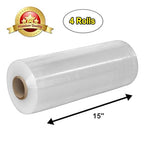 APQ 4 rolls of Cast Hand Stretch Film 15" x 1500'. Hand Stretch Wrap, 80 Gauge Thickness. Excellent Tear Resistance. Clear Residue Free Film for Moving, Shipping, Wrapping. Industrial Grade Cast Film.