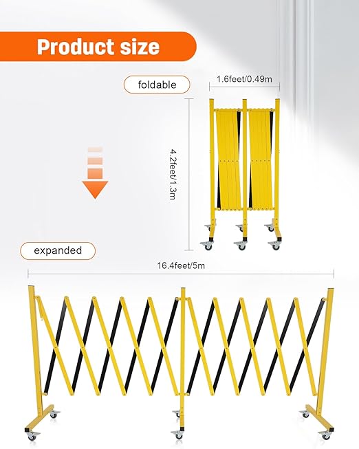 GCCSJ Expandable Metal Barricade with Wheels, 16.4 Feet Long Folding Security Gate, Retractable Metal Barrier for Construction Site Elevator Traffic Control Garage, Yellow Black