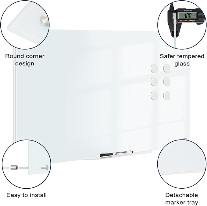 Magnetic Glass Whiteboard, 24" x 18" Glass Dry Erase Board for Wall, Frameless White Board with 1 Marker Tray and 3 Magnets for Office, Home, Classroom - Normal White