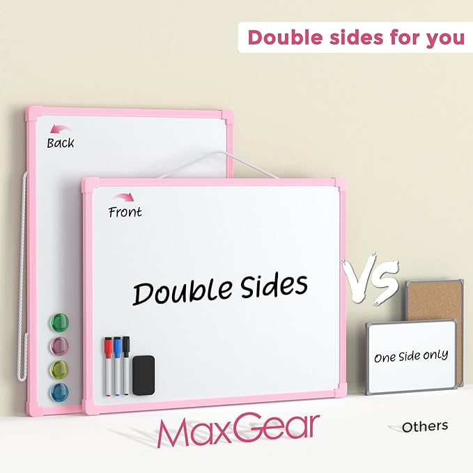 MaxGear Double-Sided Dry Erase Board for Wall, 16"x12" Hanging Whiteboard, Small Dry Erase White Board kit, Portable Whiteboard for Planning, Drawing, Memo, to Do List, Pink Frame