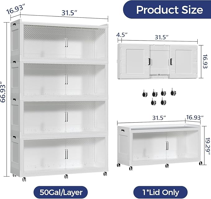 200Gal Extra Large Stackable Storage Bins with Lid, 800Qt Collapsible Storage Box with Wheels, Closet Organizers and Storage Cabinet Container for Home, Kitchen, Office, 4Pack White Clear
