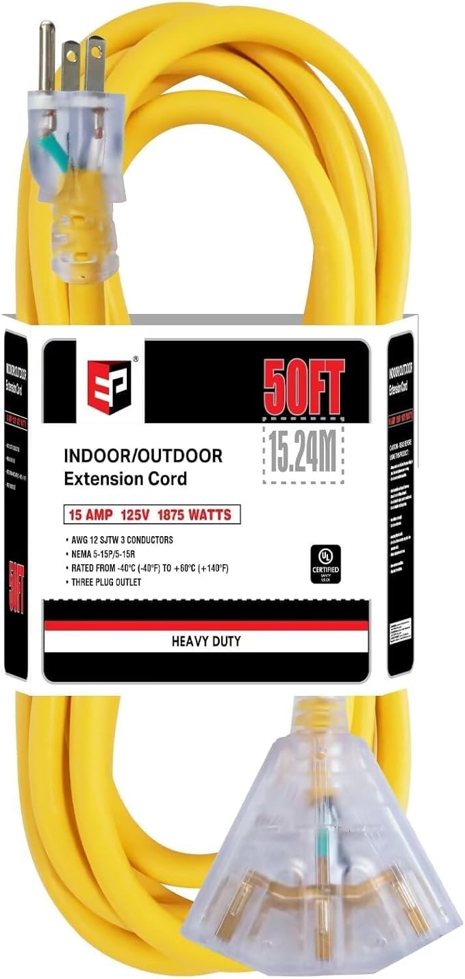 EP 50 Ft 12 Gauge Heavy Duty Extension Cord, 15A 125V 1875W, 3 Outlet Indoor/Outdoor Power Cord with Lighted End, 12/3 SJTW Weatherproof Yellow, UL Listed