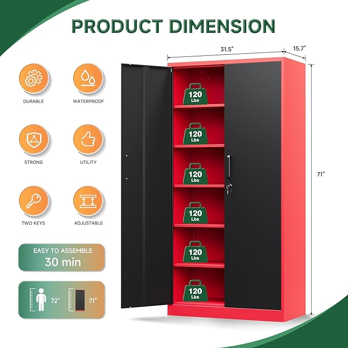 Letaya Metal Garage Storage Cabinets with Lock, 71" Tall Locker Organizer Steel Tool Cabinets,5 Adjustable Shelves 2 Doors for Home Office, Warehouse,Garage,Industrial,Employee (Black Red)
