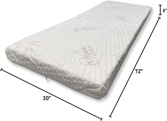 Foamma 8” x 30” x 72” High Density Foam Bunk Mattress, Organic Cotton Cover, Made in USA, Comfortable, CertiPUR-US Certified