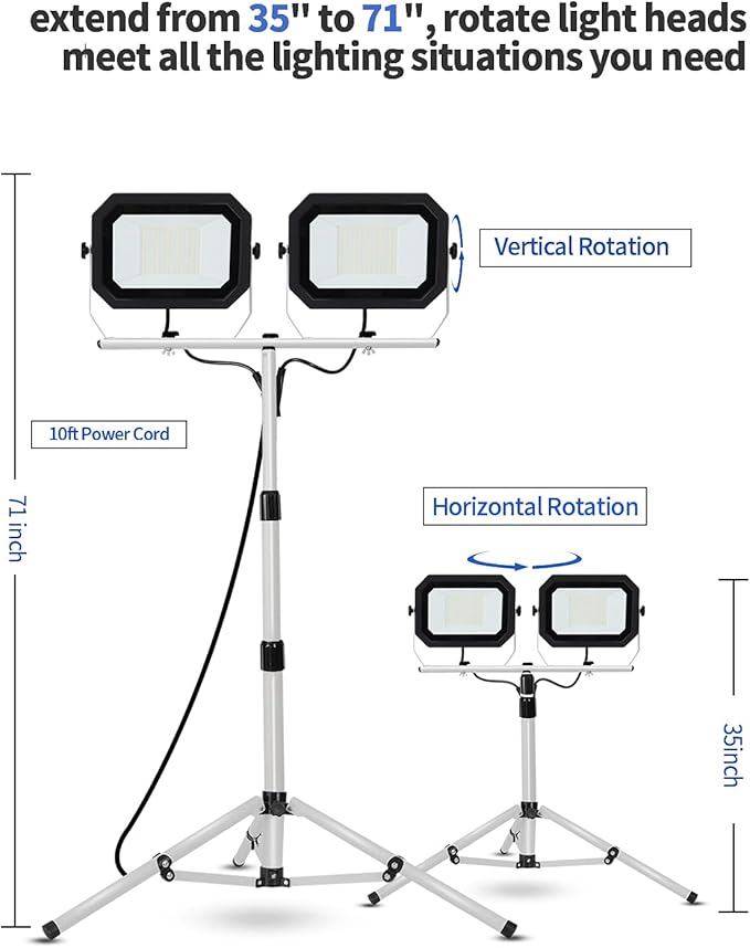 UFOND 20000 Lumen Work Lights with Stand, 200W Dual Head LED Work Light, Waterproof Lamp with Individual Switch, Adjustable Metal Telescoping Tripod 10Ft Power Cord
