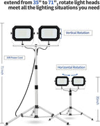 UFOND 20000 Lumen Work Lights with Stand, 200W Dual Head LED Work Light, Waterproof Lamp with Individual Switch, Adjustable Metal Telescoping Tripod 10Ft Power Cord