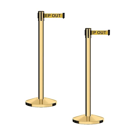 CCW Series RBB-100 - Set of 2 Stanchion Retractable Belt Barriers (11 Foot Belt, Yellow with"Danger - Keep Out" Black Letters Belt with Polished Brass Post)