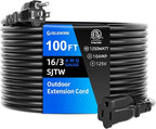 100 FT Outdoor Extension Cord Waterproof, Black, 3-Prong Power Cord, 16 AWG SJTW, 10A 1250W, Grounded, General Purpose Long Extension Cord for Lawn & Garden, ETL Listed