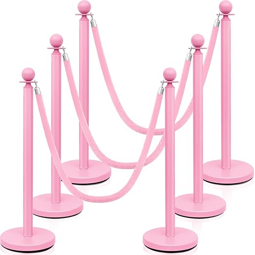 Ferraycle 6 Pcs Stainless Steel Stanchions Post Queue 38 Inch, 5 ft Velvet Rope Carpet Ropes and Pole, Control Barriers for Wedding Birthday Party Decoration Sand Injection Hollow Base Set (Pink)