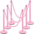 Ferraycle 6 Pcs Stainless Steel Stanchions Post Queue 38 Inch, 5 ft Velvet Rope Carpet Ropes and Pole, Control Barriers for Wedding Birthday Party Decoration Sand Injection Hollow Base Set (Pink)
