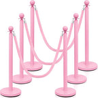 Ferraycle 6 Pcs Stainless Steel Stanchions Post Queue 38 Inch, 5 ft Velvet Rope Carpet Ropes and Pole, Control Barriers for Wedding Birthday Party Decoration Sand Injection Hollow Base Set (Pink)