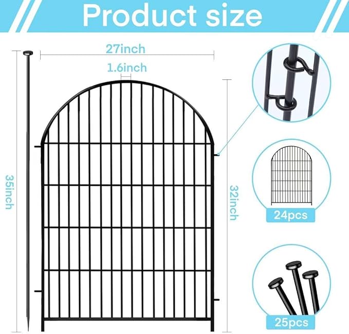 Garden Fencing Animal Barrier 24 Panels, 32 in(H) x 54 Ft(L) No Dig Fences for Dogs, Black Rustproof Metal Wire Garden Fence with Gate, Temporary Dog Fence for Patio Outdoor Yard