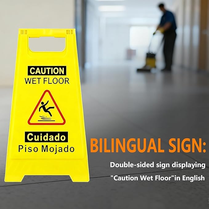 2 Pack Caution Wet Floor Sign, 24" Height, Bright Yellow, Double-Sided A-Frame Safety Caution Sign Commercial, Bilingual Caution Message