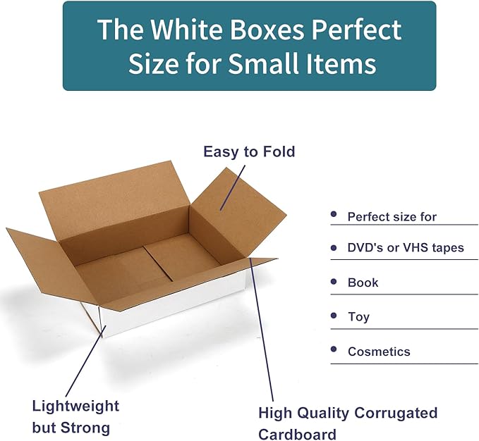 25 Pack Shipping Boxes 8x6x2 Inches, White Corrugated Cardboard Mailing Box for Packing, Mailing, Small Business, Literature Mailer