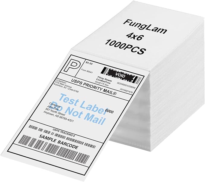 FungLam 4"x6" Direct Thermal Shipping Labels, Perforated and Strong Adhesive Thermal Label, Fanfold 4"x6" Mailing Labels for Munbyn, Rollo, Polono Direct Thermal Printers, 1000 Labels