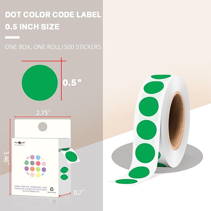 PARLAIM 1/2 Inch Round Adhesive Color-Code Dot Stickers,500 Stickers Inventory Dots Label in Dispenser Box,Green Circle Coding Labels for Office Home(Green)