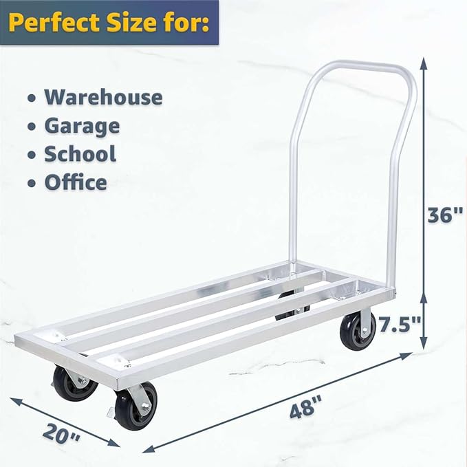 20" x 48" Mobile Aluminum Dunnage Rack - 1600 lb. Capacity with Handle, Heavy-Duty Rolling Platform Truck, NSF Storage Rack with Casters for Commercial Kitchen, Warehouse, Food Service