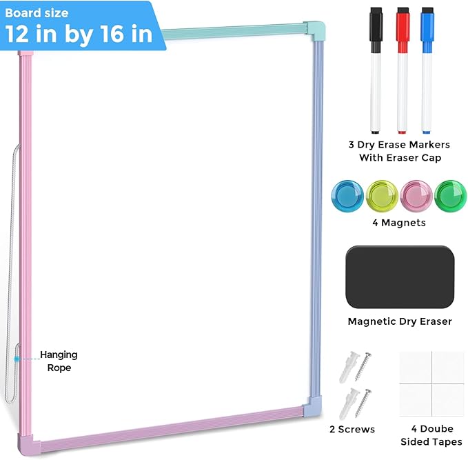 MaxGear Double-Sided Dry Erase Board for Wall, 16"x12" Hanging Whiteboard, Small Dry Erase White Board kit, Portable Whiteboard for Planning, Drawing, Memo, to Do List, Macaron Frame