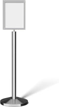 Crowd Control Warehouse Pedestal Standing Floor Sign Frame with Sloped Base, 11 x 14 Inch Vertical, Polished Stainless Steel