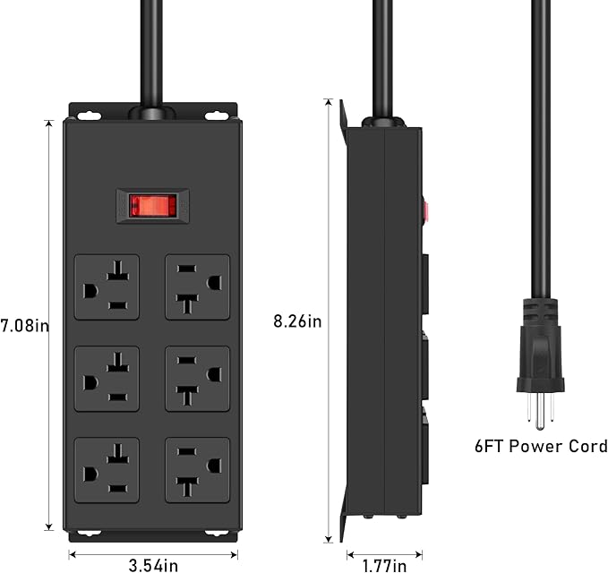 JUNNUJ Heavy Duty 20 Amp Power Strip, Garage 6 Outlets Metal 12 Gauge Surge Protector 3000J, High Amp 5-15P Adapter Shop 6-20R T-Slot Industrial (6AC, 6FT)