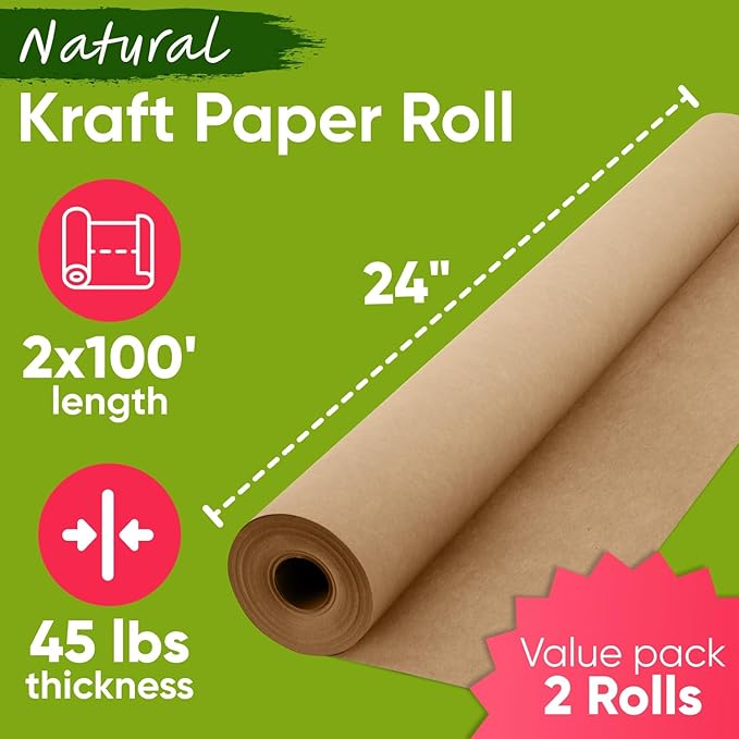24" x 1200" (100 ft) Brown Kraft Paper Roll (Value Pack of 2), 45 lbs Thickness, Made in USA Colored Kraft Paper for School, Bulletin Board - Odorless, Non-Toxic, Safe for Kids