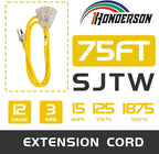 3-Outlets Indoor Outdoor Extension Cord Weatherproof with Lighted End, UL Listed, 12 Gauge 75FT Yellow 3 Prong Heavy Duty, 12/3 SJTW 15A Extension Cord