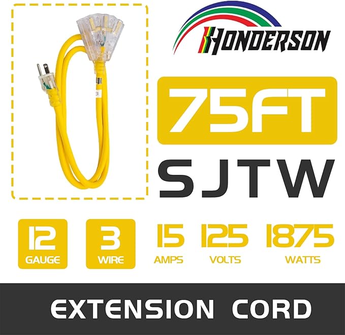 3-Outlets Indoor Outdoor Extension Cord Weatherproof with Lighted End, UL Listed, 12 Gauge 75FT Yellow 3 Prong Heavy Duty, 12/3 SJTW 15A Extension Cord