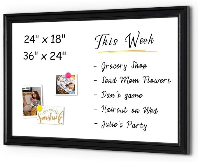 4 THOUGHT Dry Erase Board, 24 x 36 in Magnetic Whiteboard Black Vintage Wood Frame Wall-Mounted White Board Decorative Notice Board for School, Office, Home, Kitchen with 8 Magnets 4 Markers 1 Eraser