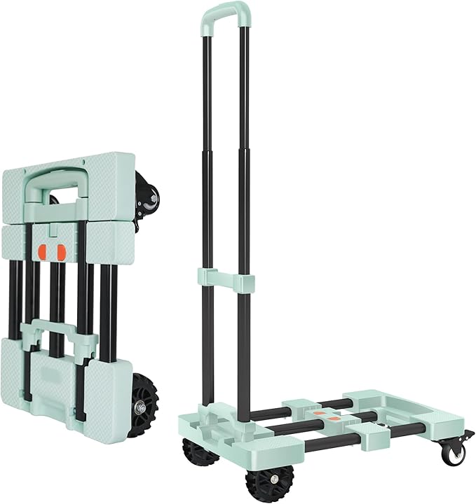 Heavy-Duty 500LB Capacity Hand Truck with One-Touch Retractable Handle & Extendable Plate, Portable Collapsible Dolly Cart with 4 Wheels w/Brakes Folding Luggage Cart for Travel/Home Use, Green