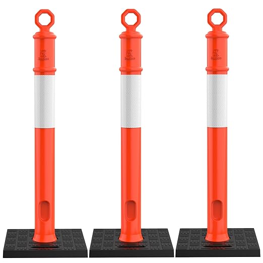 RoadHero 45 Inch Delineator Post with Base, Portable Orange Traffic Delineator Posts Cones with Reflective Collars for Parking Lots, Road Safety, Construction Events 3 Pack