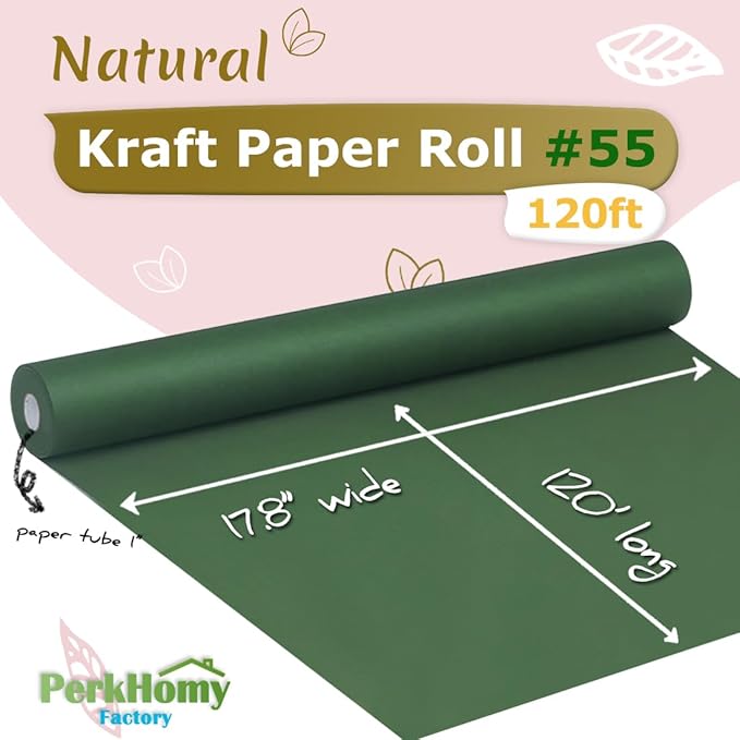 PerkHomy 17.8" x 1,440" (120') Dark Green Kraft Paper Roll for Craft Bulletin Board Paper Art Table Covering Crafting Gift Wrapping Bouquet Packing Parcel 80GSM 55LB (Dark Green, 17.8" x 120')