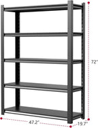 48" W Storage Shelves 2500LBS Garage Shelving Heavy Duty 5 Tier Adjustable Shelving Unit Metal Storage Rack for Basement, Pantry, Kitchen, Warehouse 19.7" D x 47.2" W x 72" H